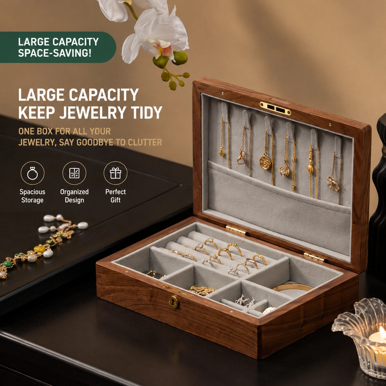 Customizable Black Walnut Jewelry Box with Floral Inlay