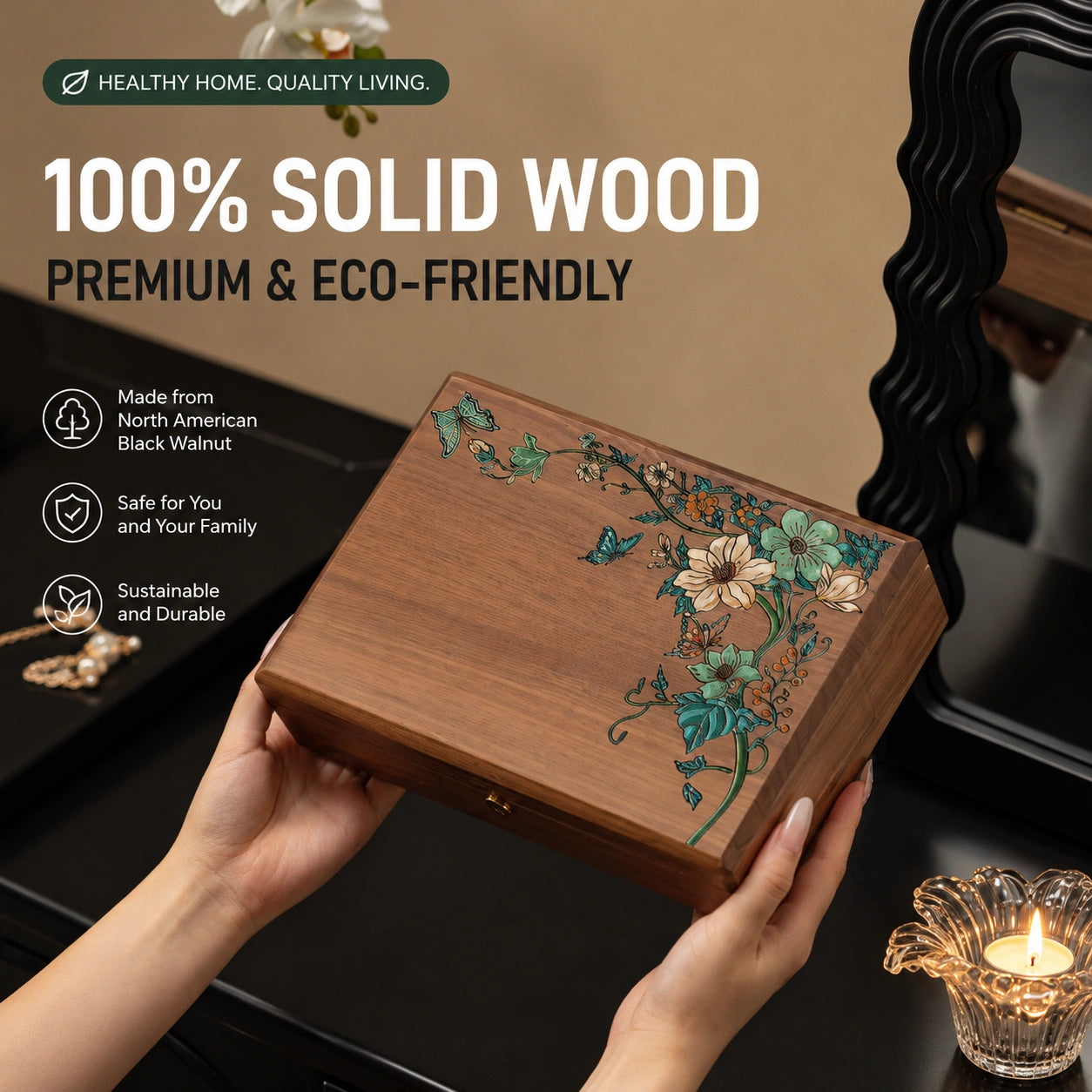 Customizable Black Walnut Jewelry Box with Floral Inlay