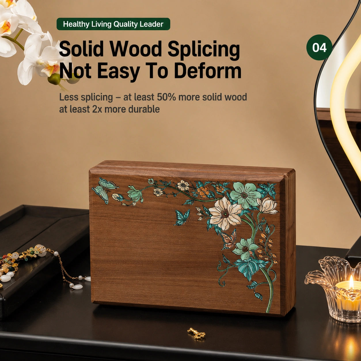 Customizable Black Walnut Jewelry Box with Floral Inlay