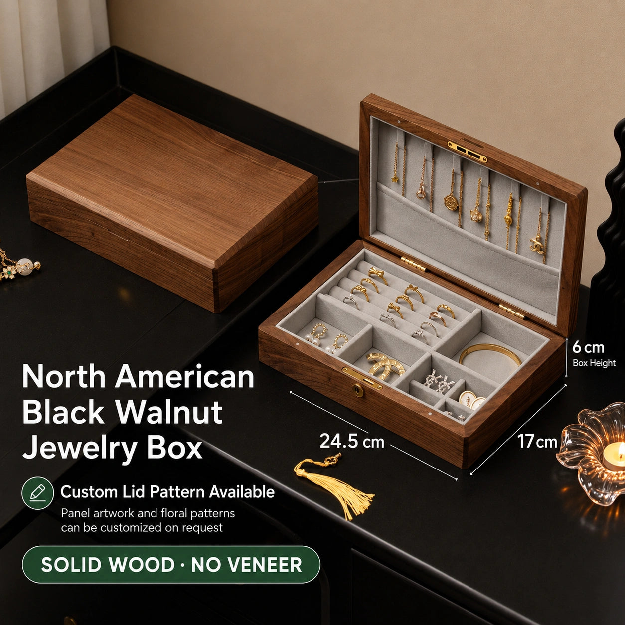 Customizable Black Walnut Jewelry Box with Floral Inlay