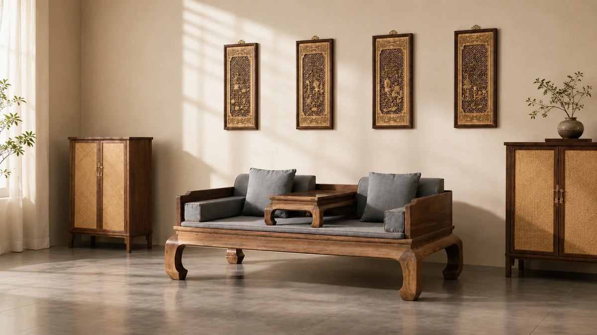Front view of the solid black walnut Luohan daybed