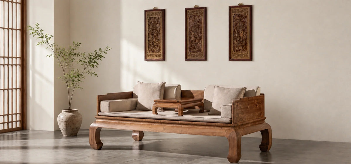 Solid black walnut Luohan daybed in a refined interior