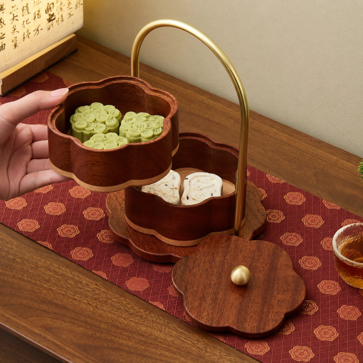 Two removable floral wooden compartments displayed open