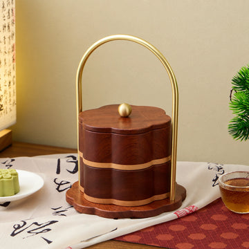 RUIZUO floral handled two-tier wooden snack box, closed front view