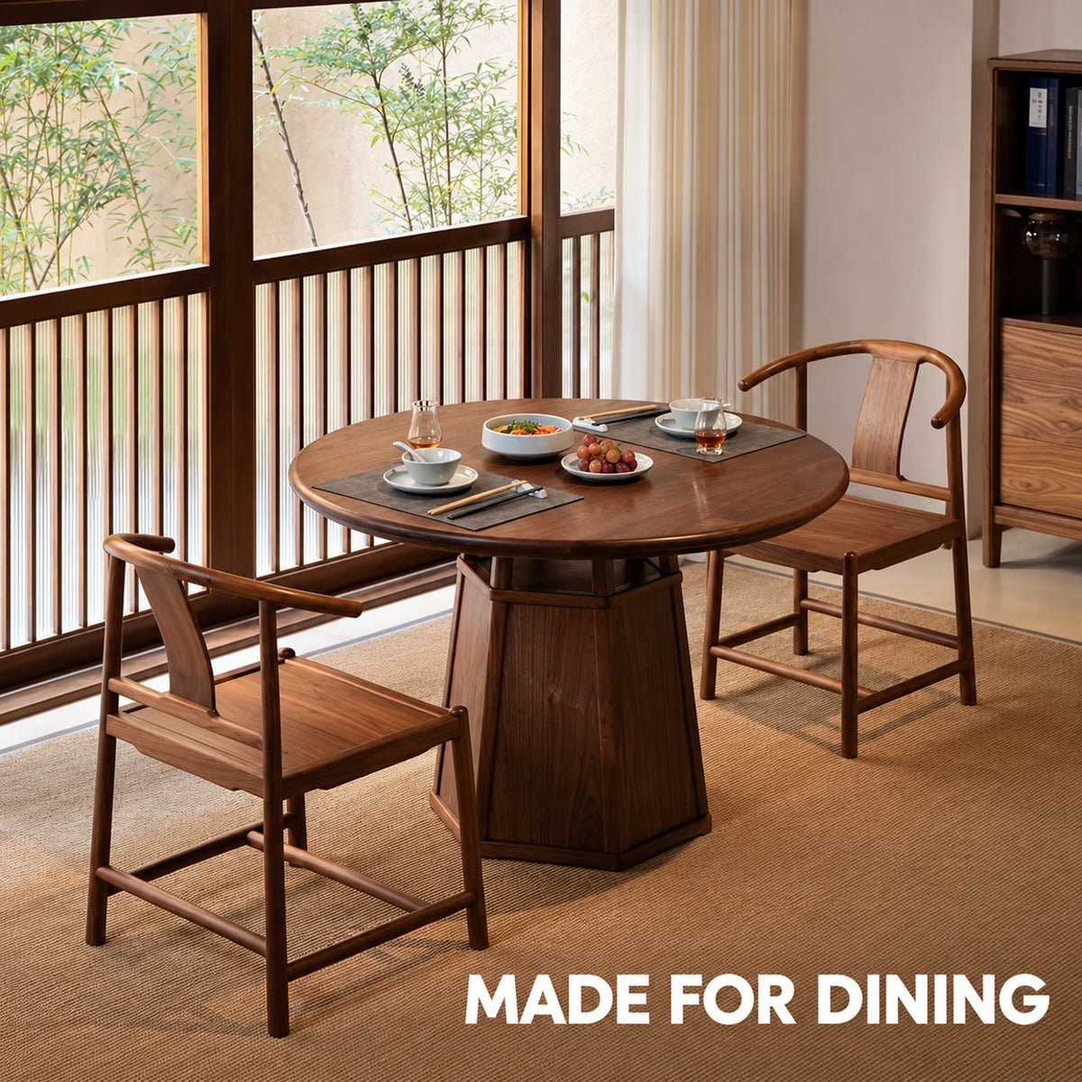Dining room styling example with Half-Moon Dining Chairs; table and additional chair sold separately