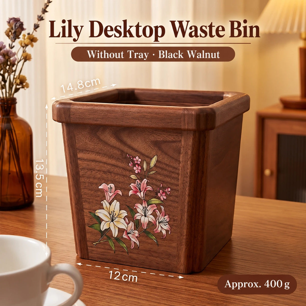 Lily Black Walnut Desktop Waste Bin