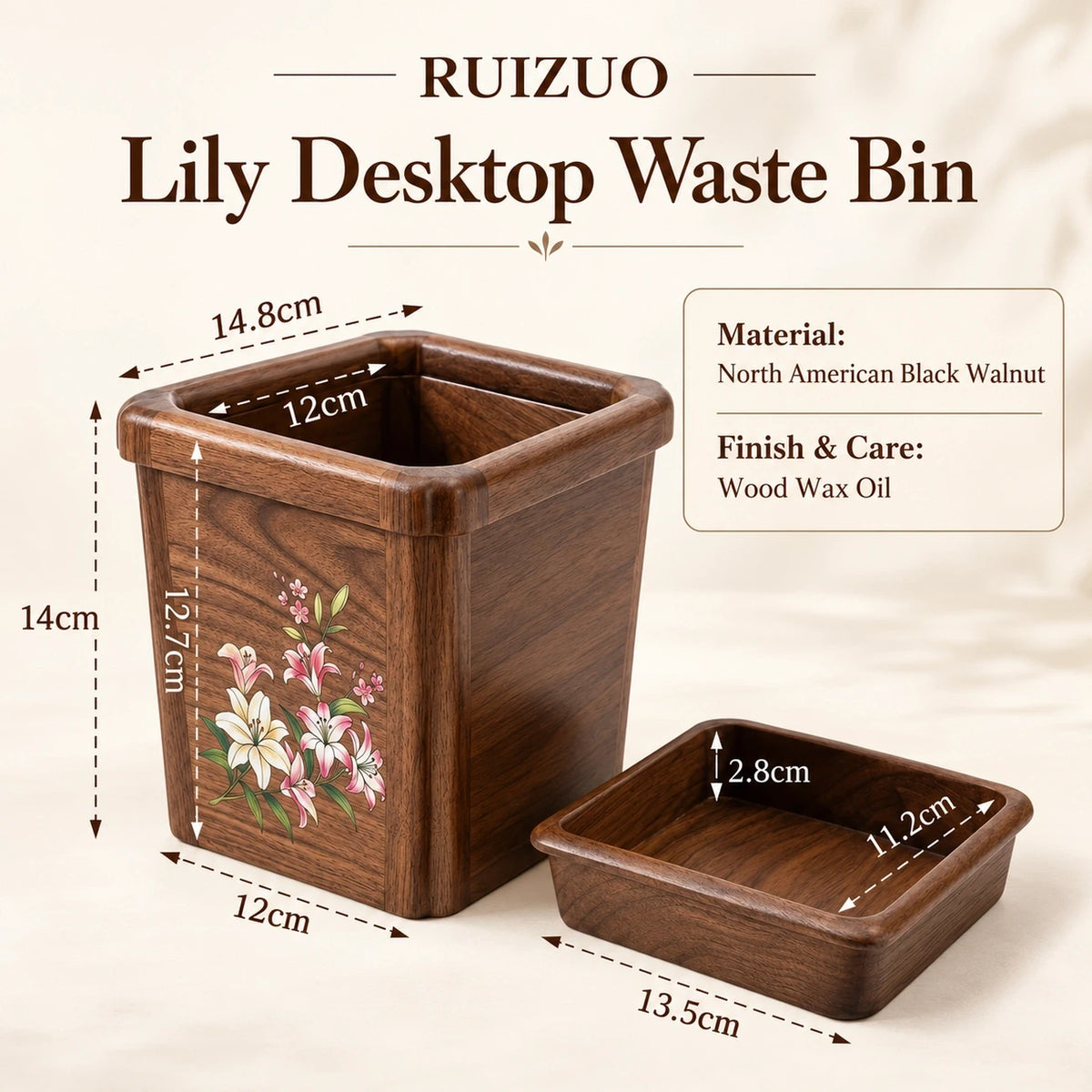 Lily Black Walnut Desktop Waste Bin
