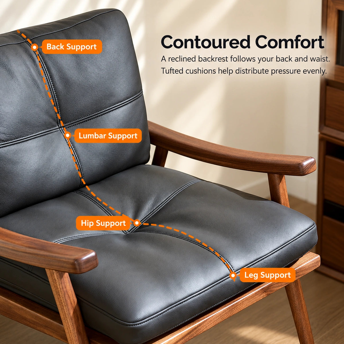 Close view of the lounge chair's upholstered back and seat