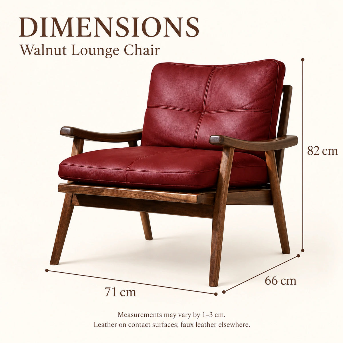 Walnut lounge chair dimensions: 71 by 66 by 82 cm