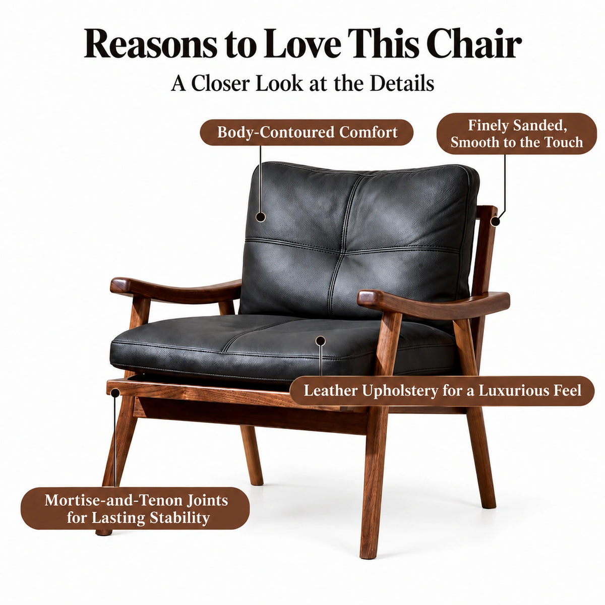 Lounge chair detail features with English labels