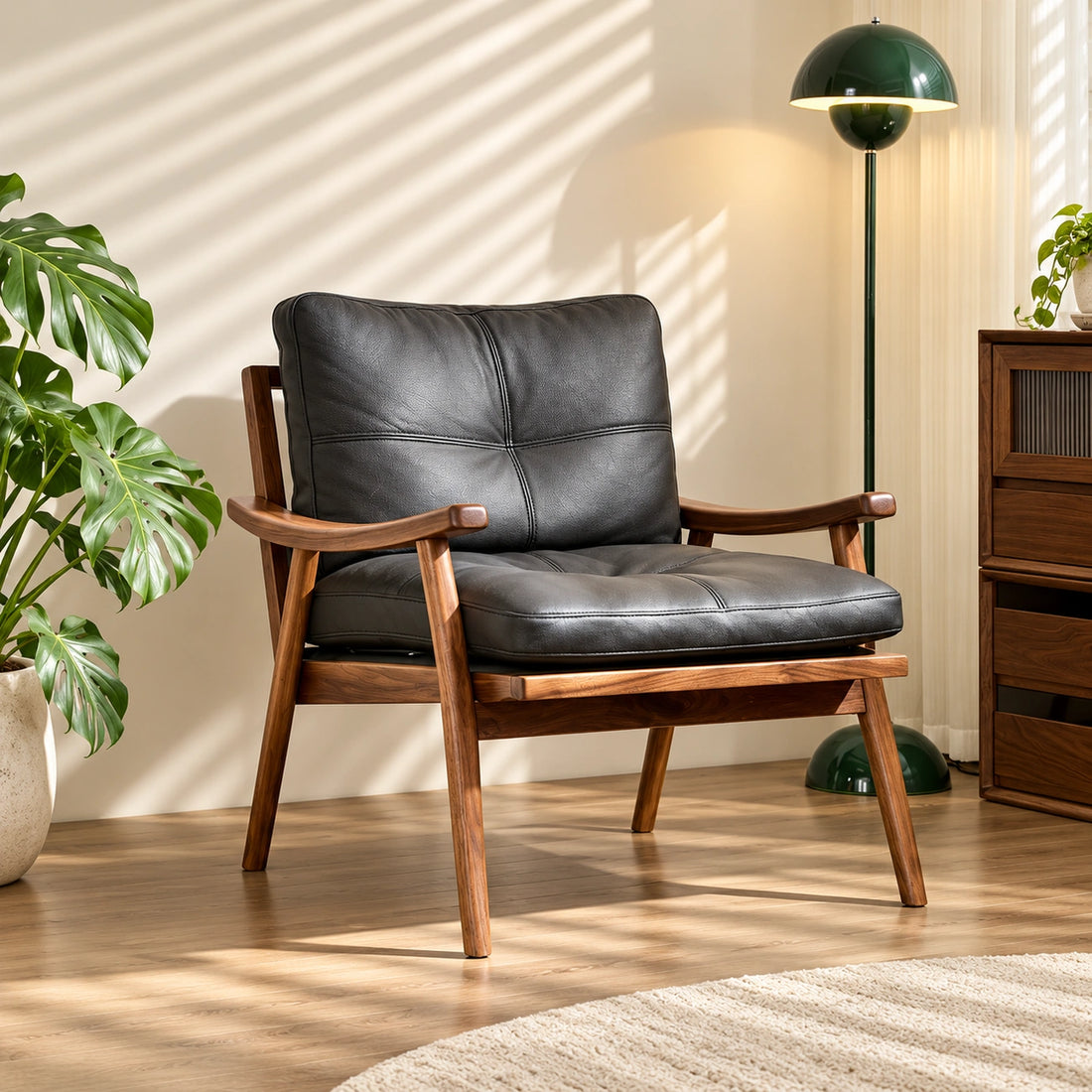 Solid wood lounge chair with black leather cushion, front view