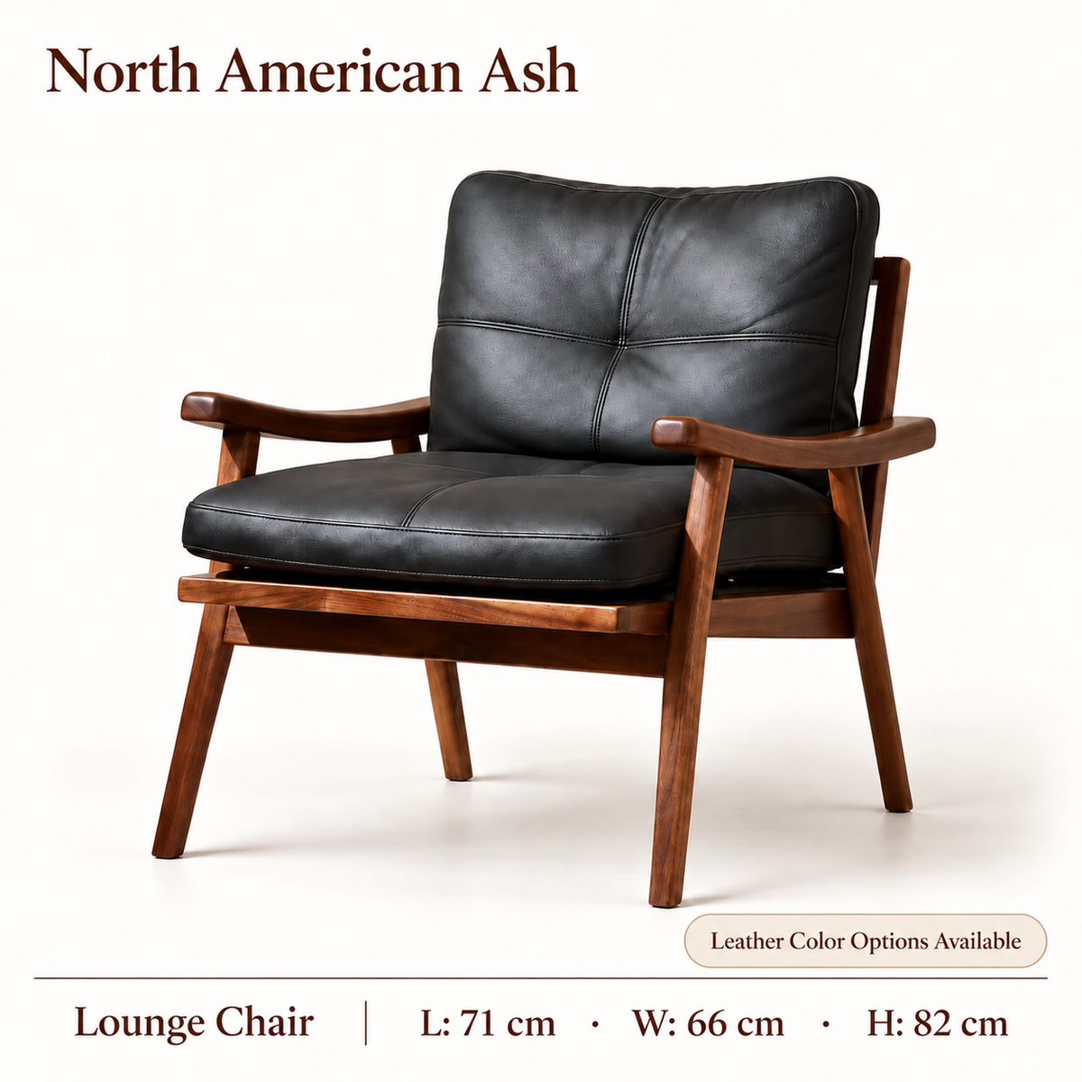 North American ash lounge chair option with black upholstered cushions