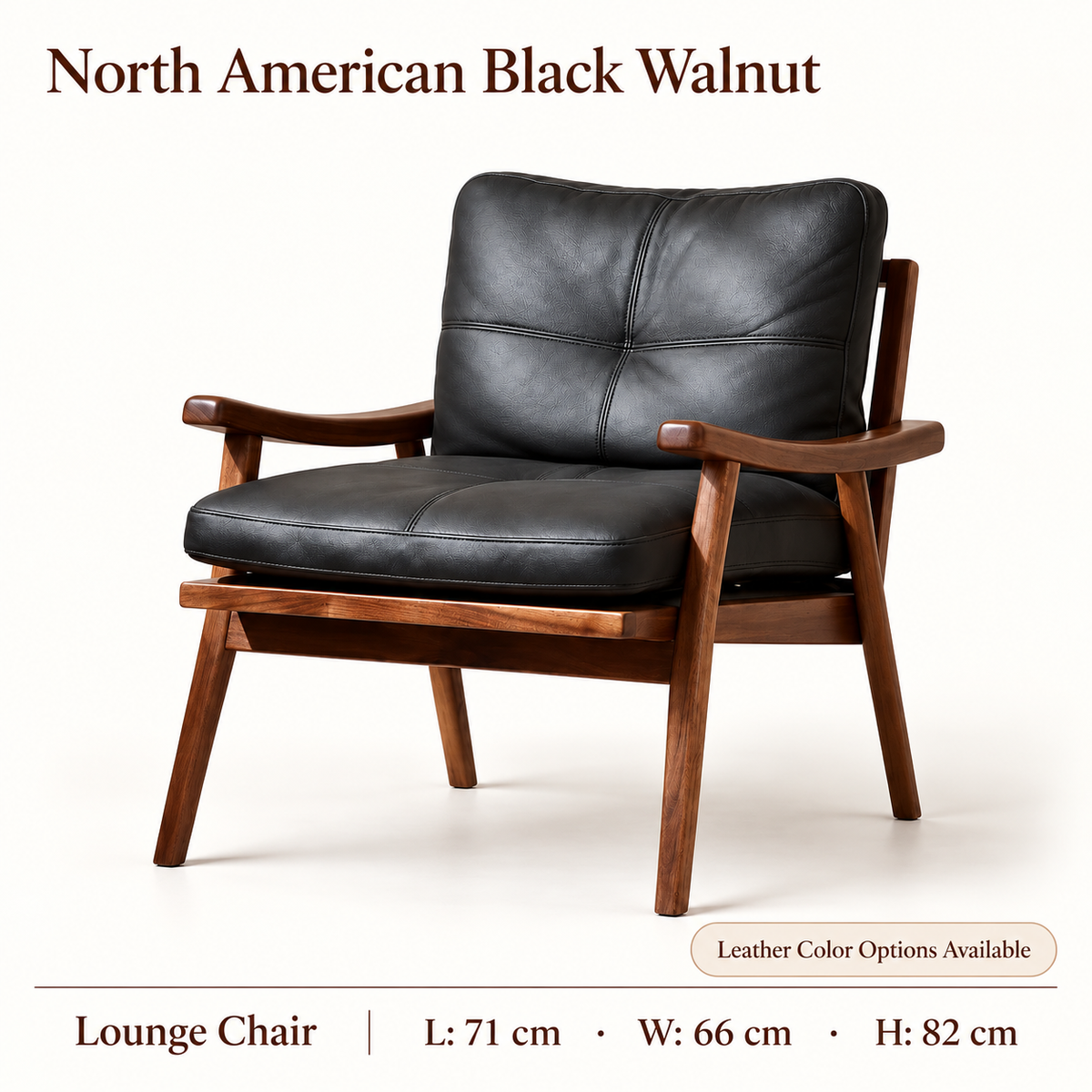 North American black walnut lounge chair option with black upholstered cushions
