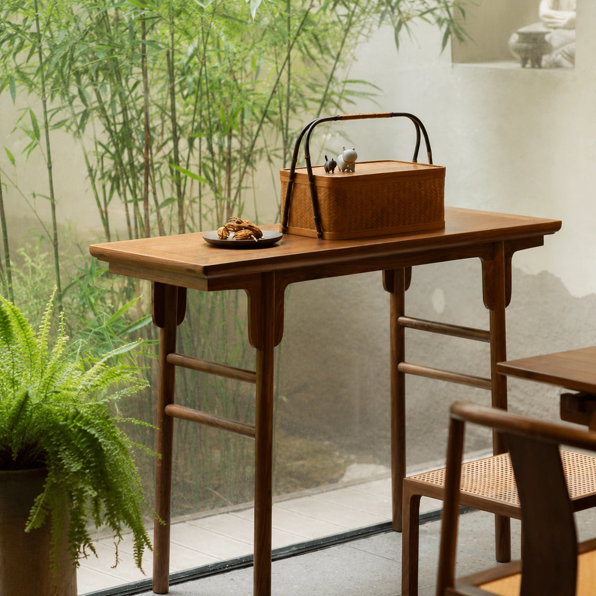Wooden flat-top console table in a natural interior