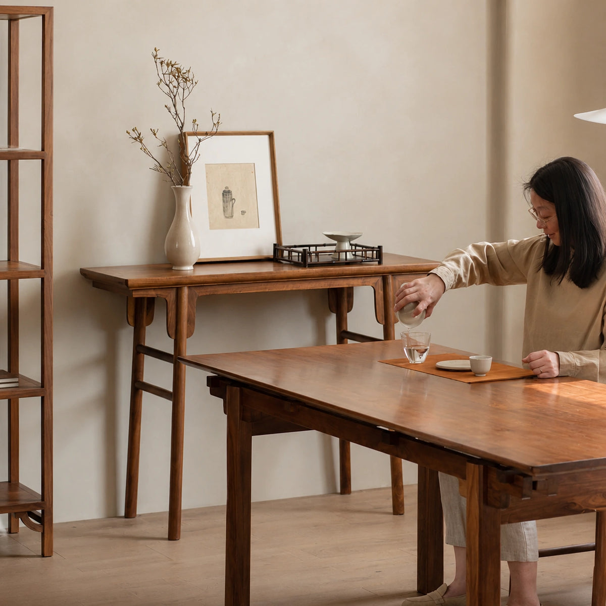 Flat-top console table styled with home decor