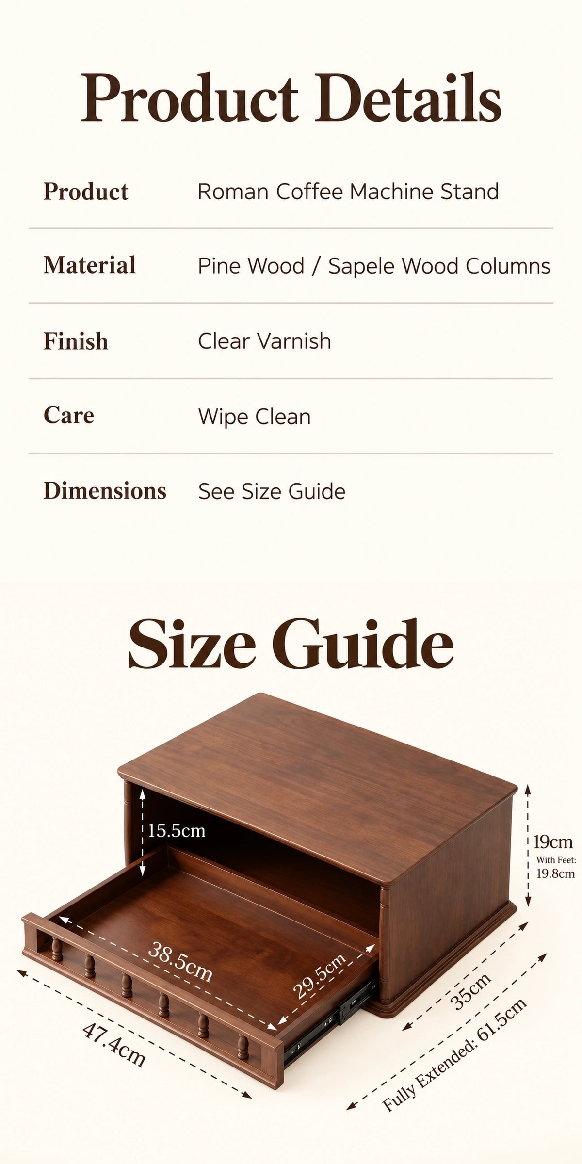Roman coffee machine stand product details and size guide, including material and exact dimension labels