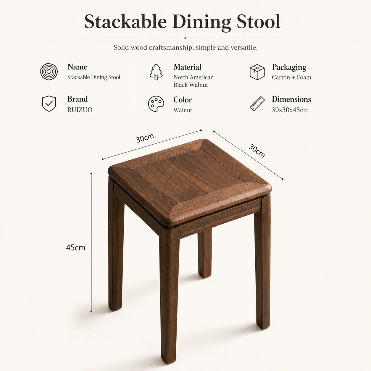Solid Black Walnut Stackable Dining Stool