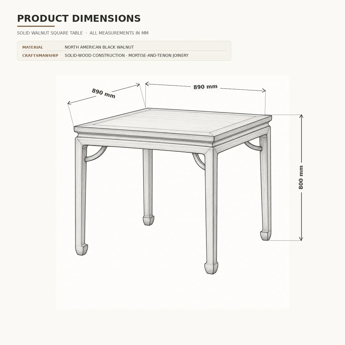 Black walnut square table dimensions — 89 × 89 × 80 cm