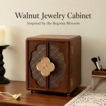 RUIZUO walnut veneer jewelry cabinet with floral double doors, front view