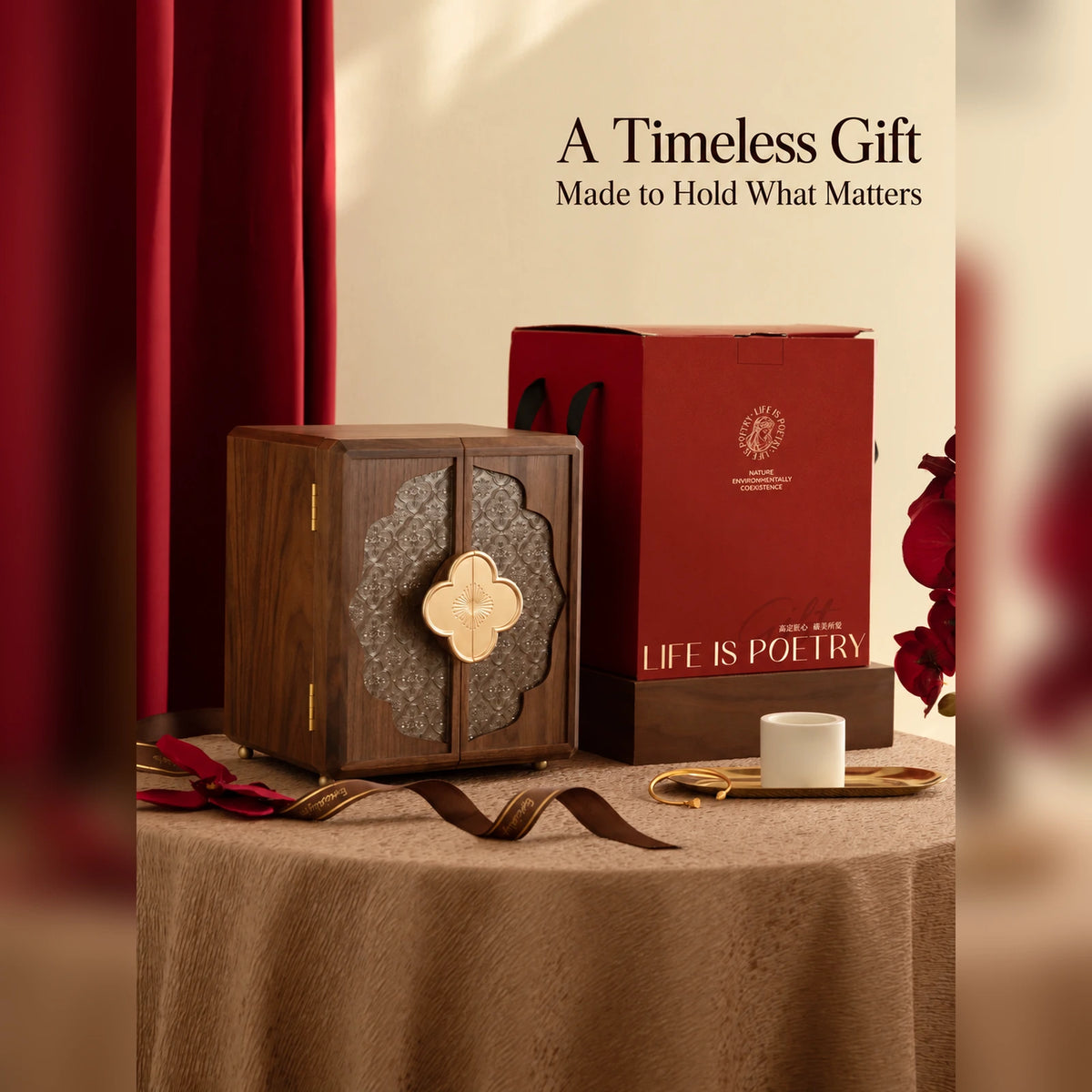 Walnut veneer jewelry cabinet displayed beside its red gift box