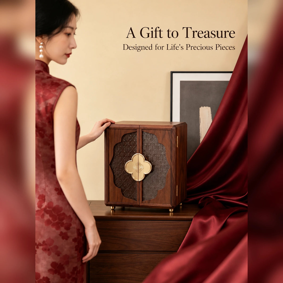 Walnut veneer jewelry cabinet styled in a warm interior