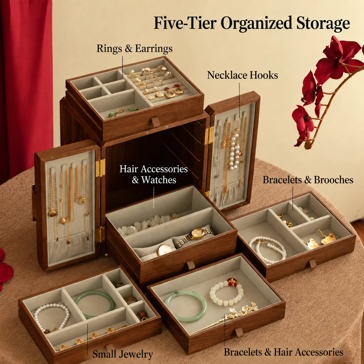 Open five-tier jewelry cabinet with drawers and necklace storage