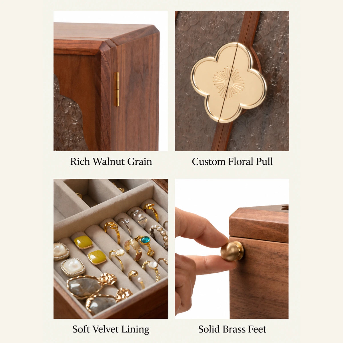 Jewelry cabinet details showing walnut grain, floral pull, soft lining and brass feet