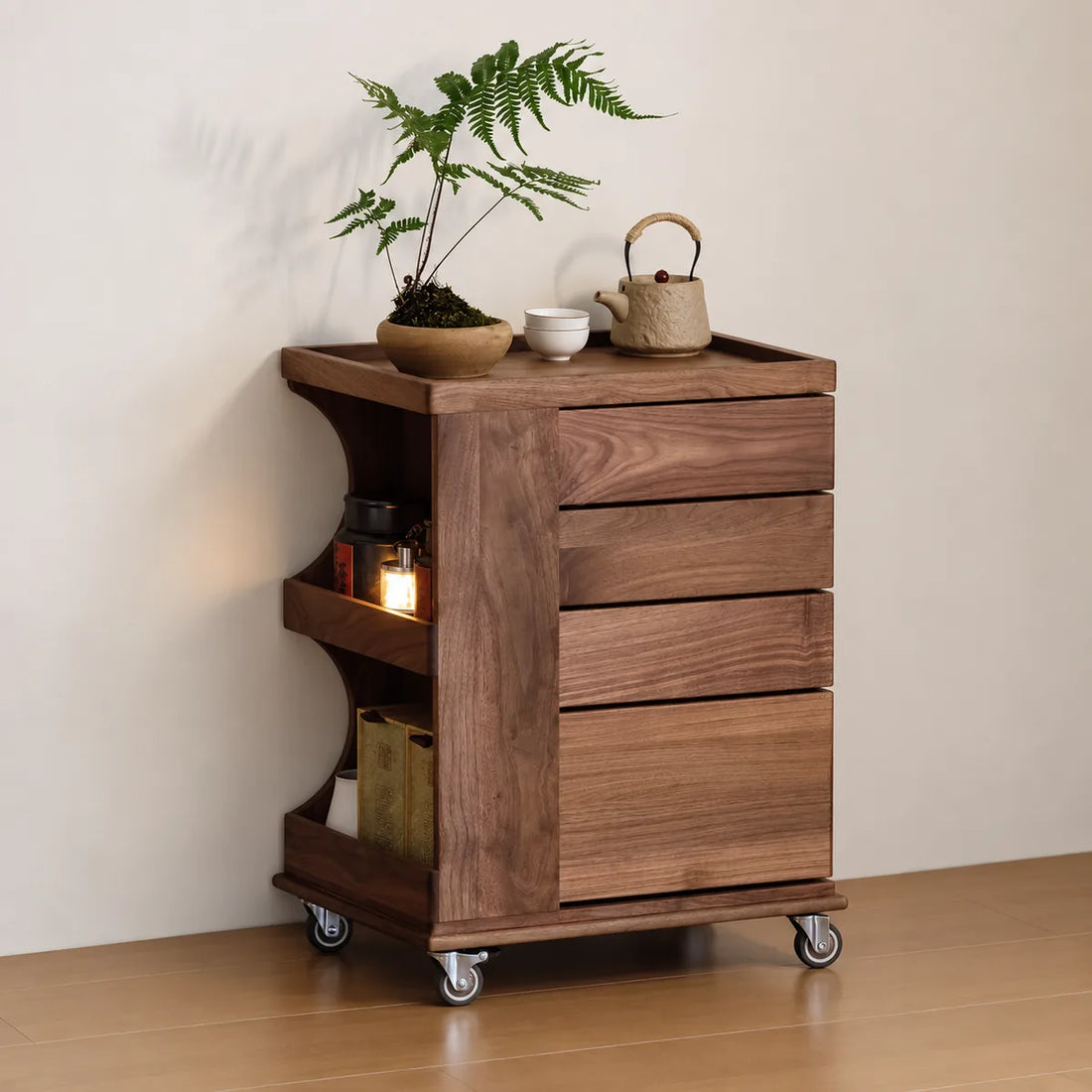North American black walnut mobile four-drawer cabinet with open side shelves and swivel casters