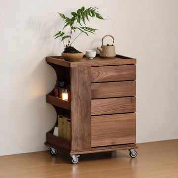 North American black walnut mobile four-drawer cabinet with open side shelves and swivel casters