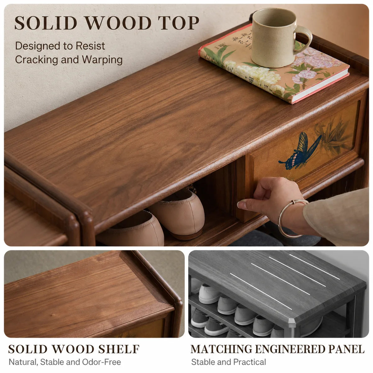 Solid wood top and shelf material details