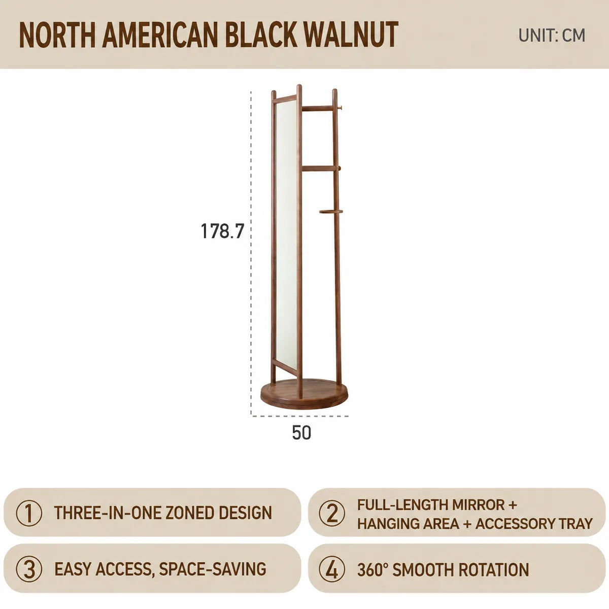 North American Black Walnut rotating mirror garment rack variant