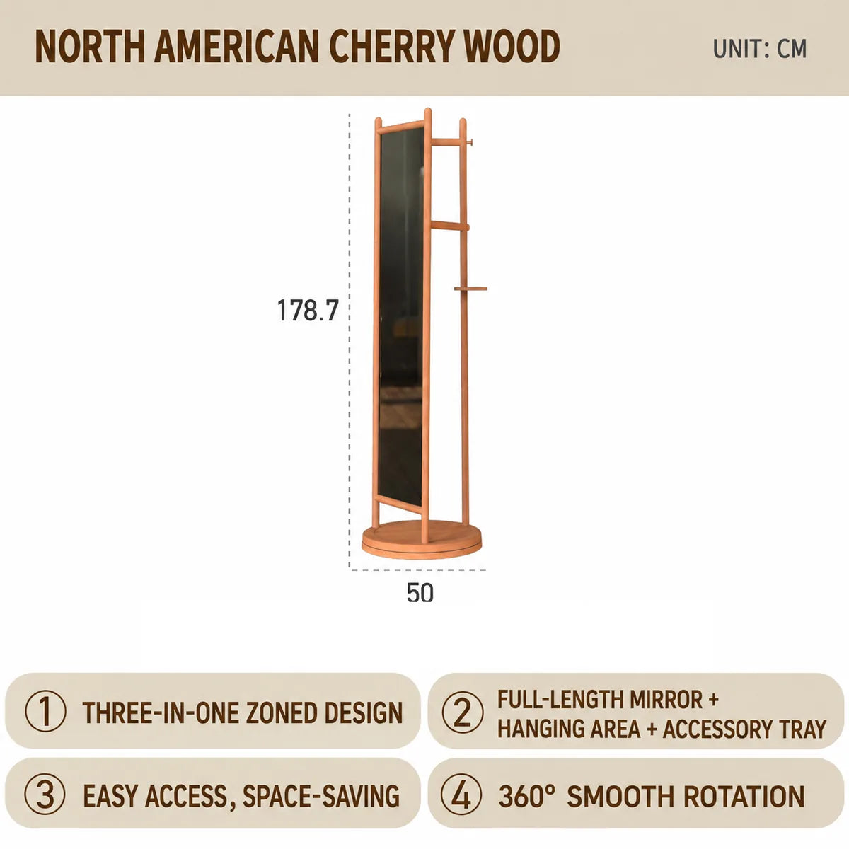 North American Cherry Wood rotating mirror garment rack variant