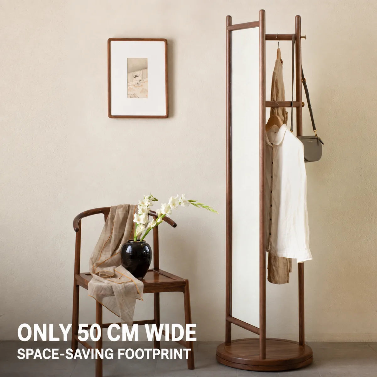 Gift-ready solid wood rotating mirror garment rack