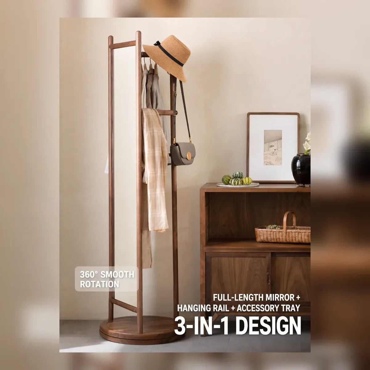 Three-in-one full-length mirror, hanging rail and accessory tray