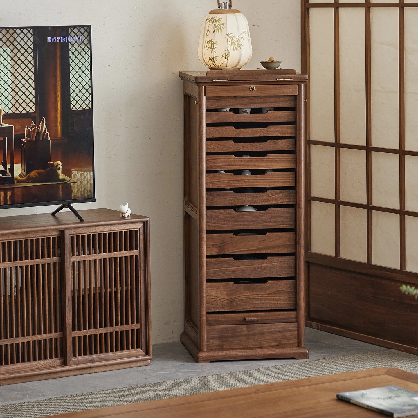 Xianting Solid Walnut Tambour Storage Cabinet